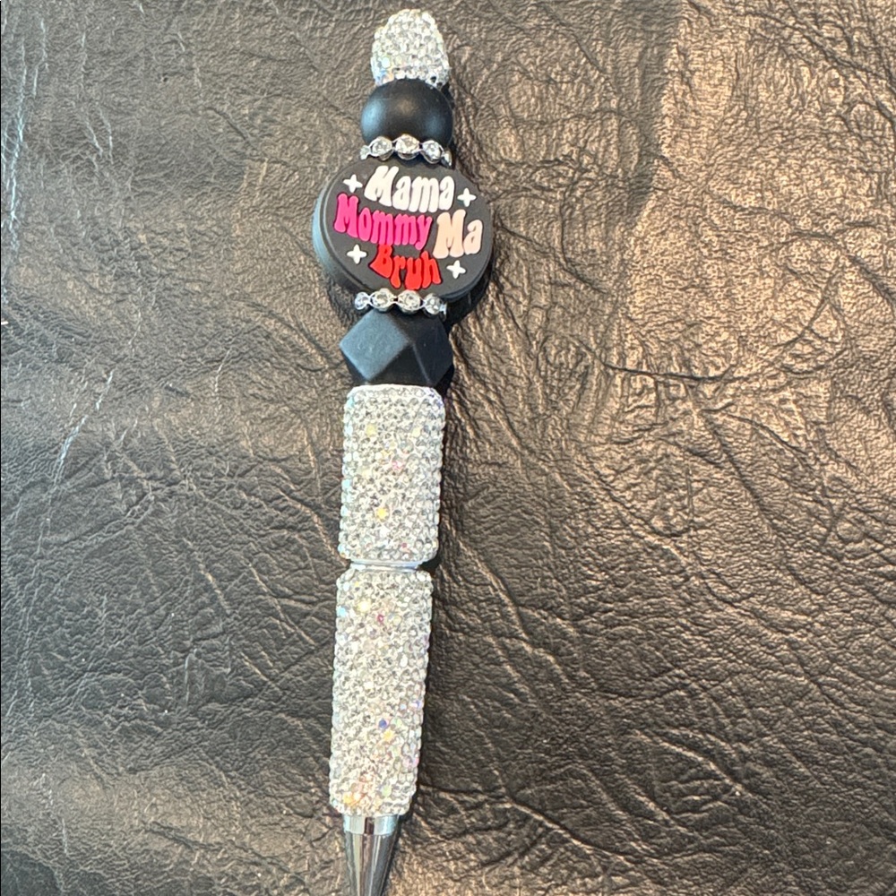 Glitter Silver & Black Pen “Mama, Mommy, Ma, Bruh” focal Bead w/Rhinestones, NEW